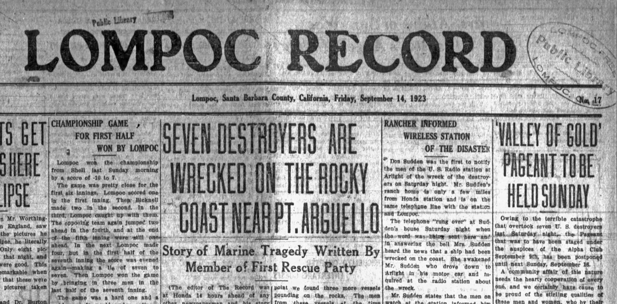 Honda Disaster Lompoc Record Sep 14 1923 Headline